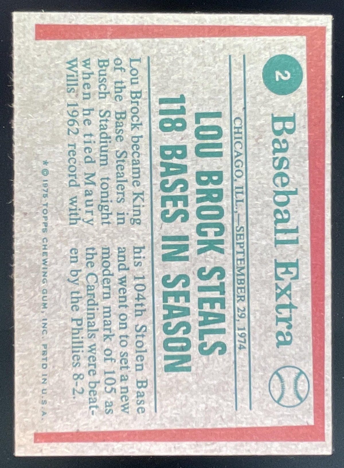 1975 Topps #2 Lou Brock product image 2, provided for visual reference and product detail review