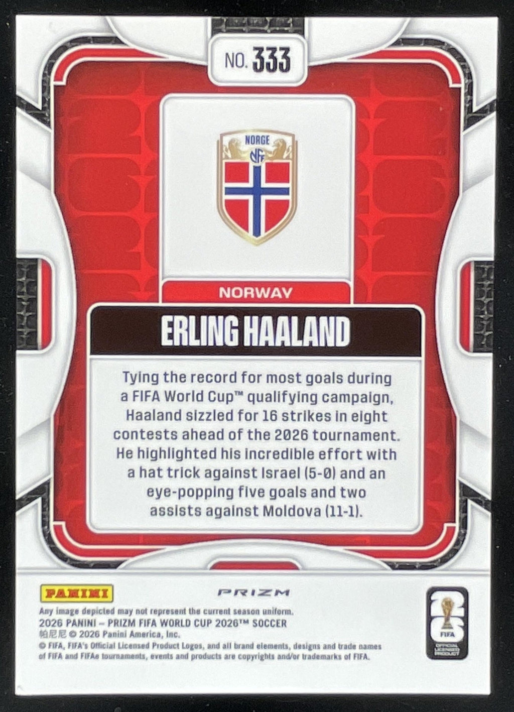2026 Panini Prizm World Cup Wave Prizm #333 Erling Haaland product image 2, provided for visual reference and product detail