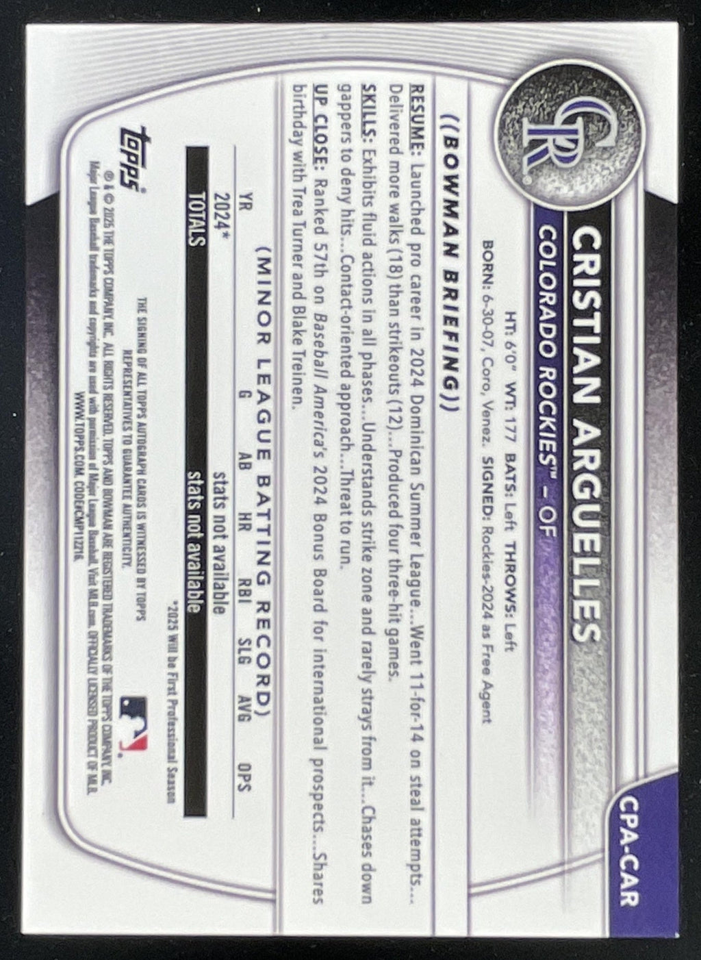 2025 Bowman Chrome Prospect Autograph #CPA-CAR Cristian Arguelles RC Auto product image 2, provided for visual reference and