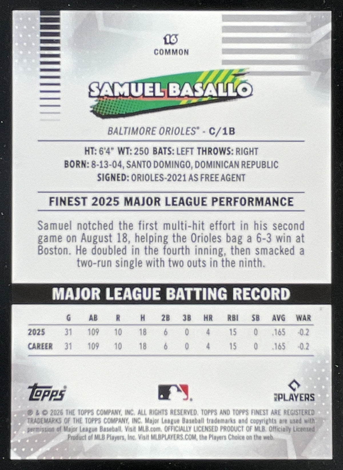 2026 Topps Finest Gold Mini Diamonds Speckle Refractor #16 Samuel Basallo RC /50 product image 2, provided for visual