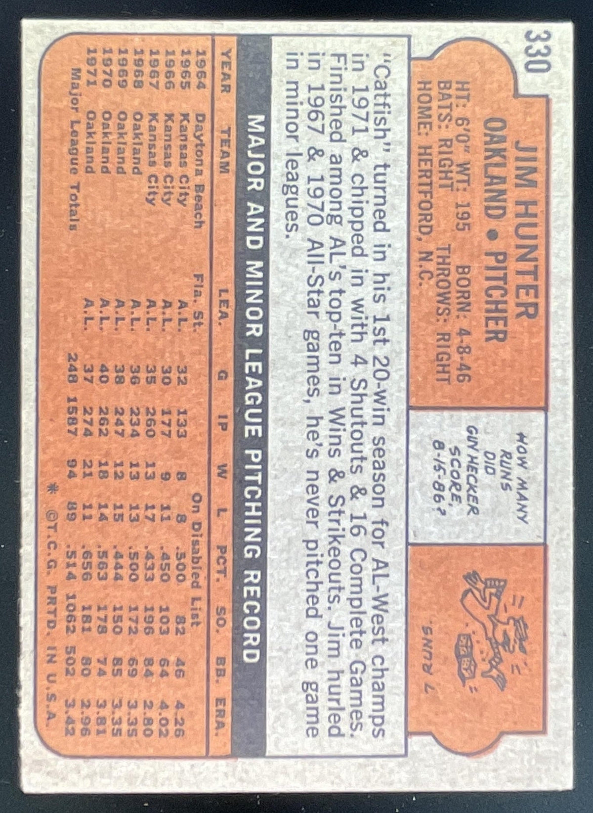 1972 Topps #330 Jim Hunter product image 2, provided for visual reference and product detail review