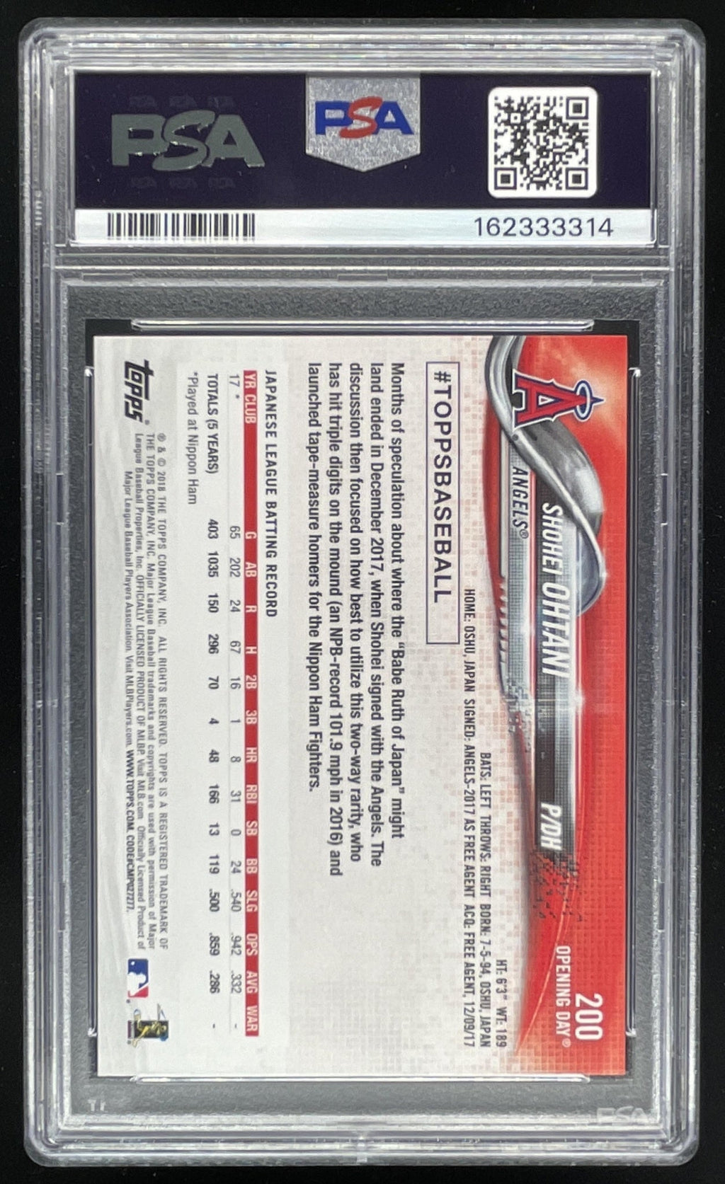 2018 Topps Opening Day #200 Shohei Ohtani RC PSA 10 product image 2, provided for visual reference and product detail review