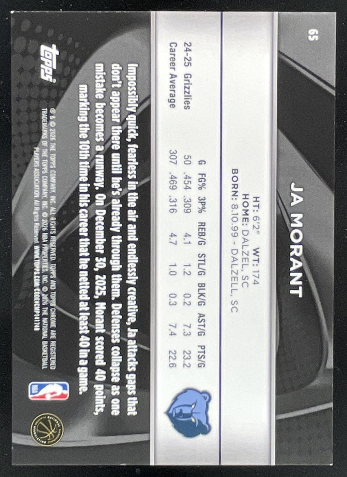 2025-26 Topps Chrome Black Gold Mini-Diamond Refractor #65 Ja Morant /50 product image 2, provided for visual reference and