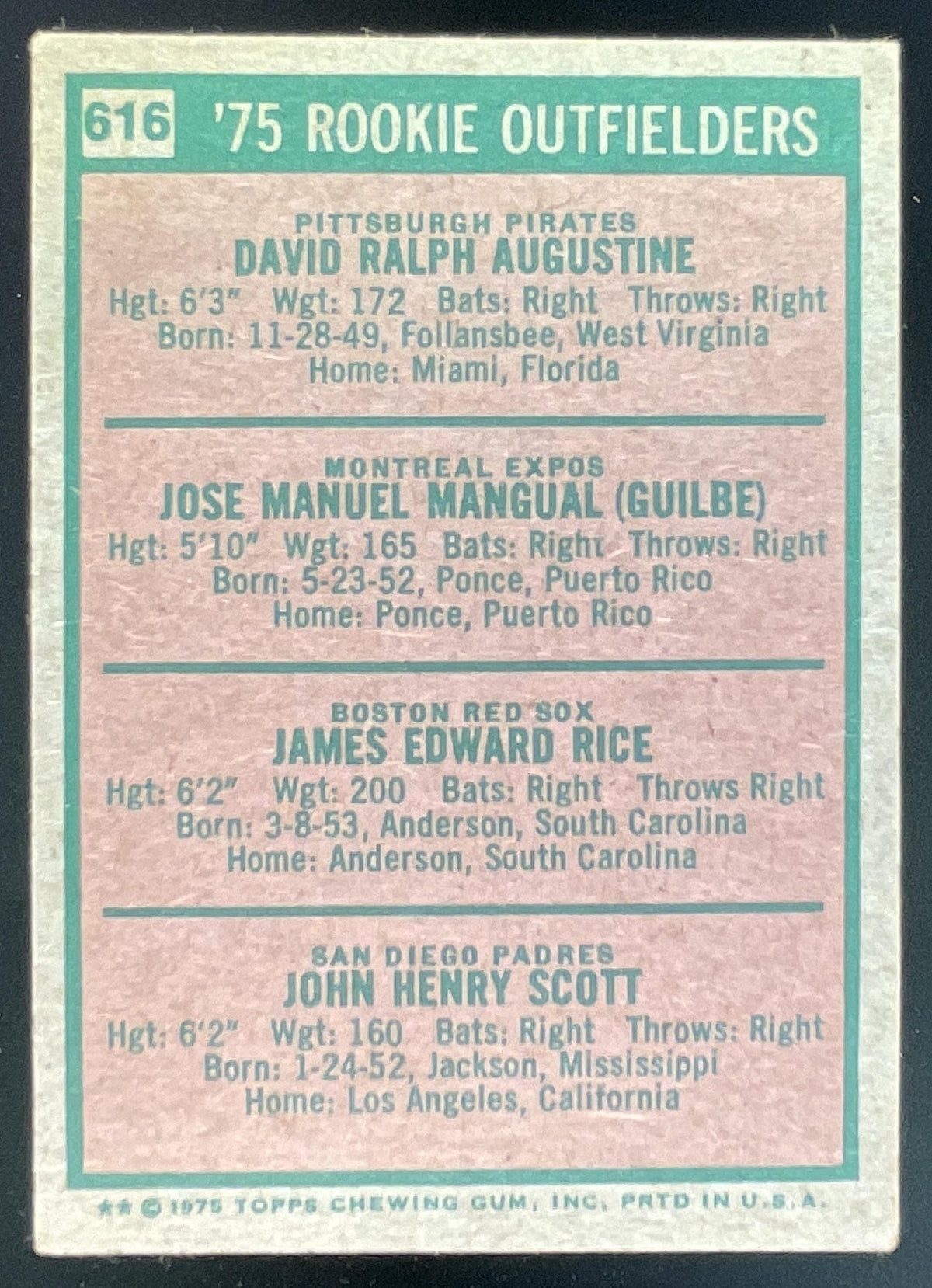 1975 Topps #616 1975 Rookie Dave Augustine Pepe Mangual Jim Rice John Scott RC product image 2, provided for visual