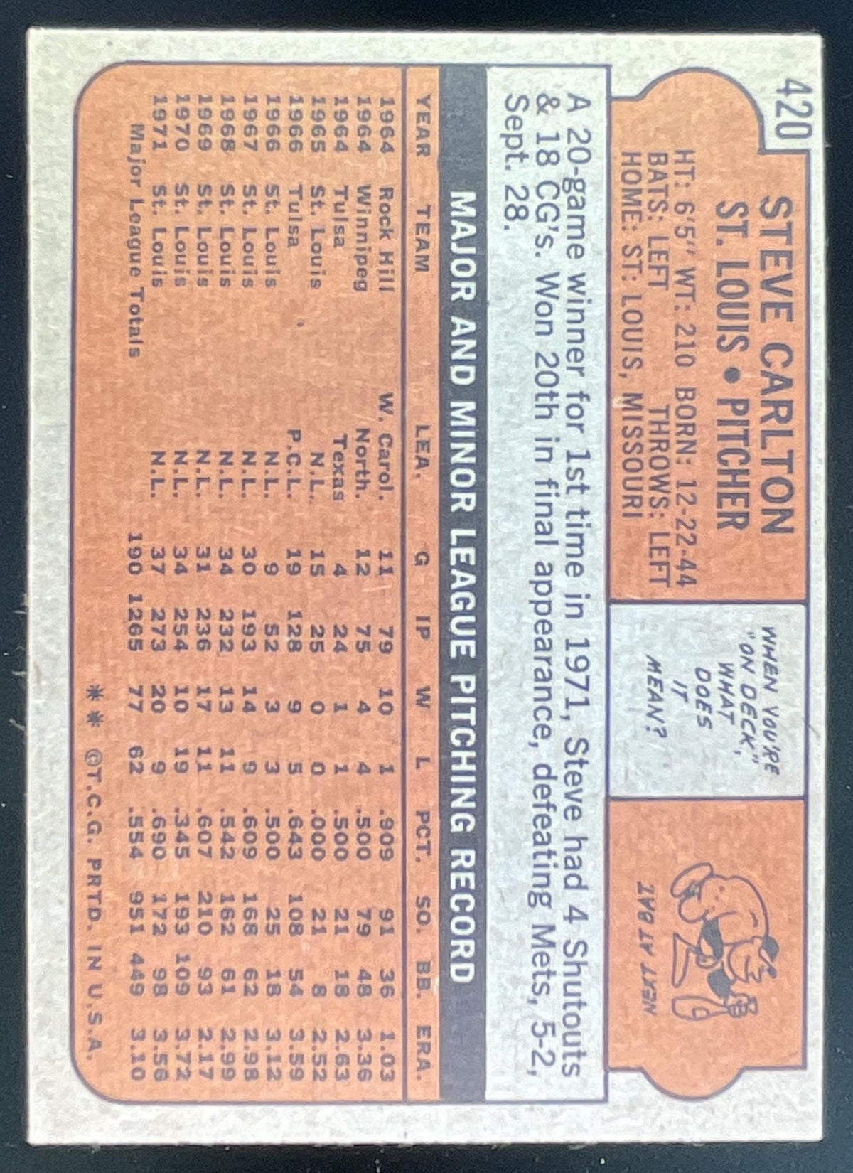 1972 Topps #420 Steve Carlton product image 2, provided for visual reference and product detail review