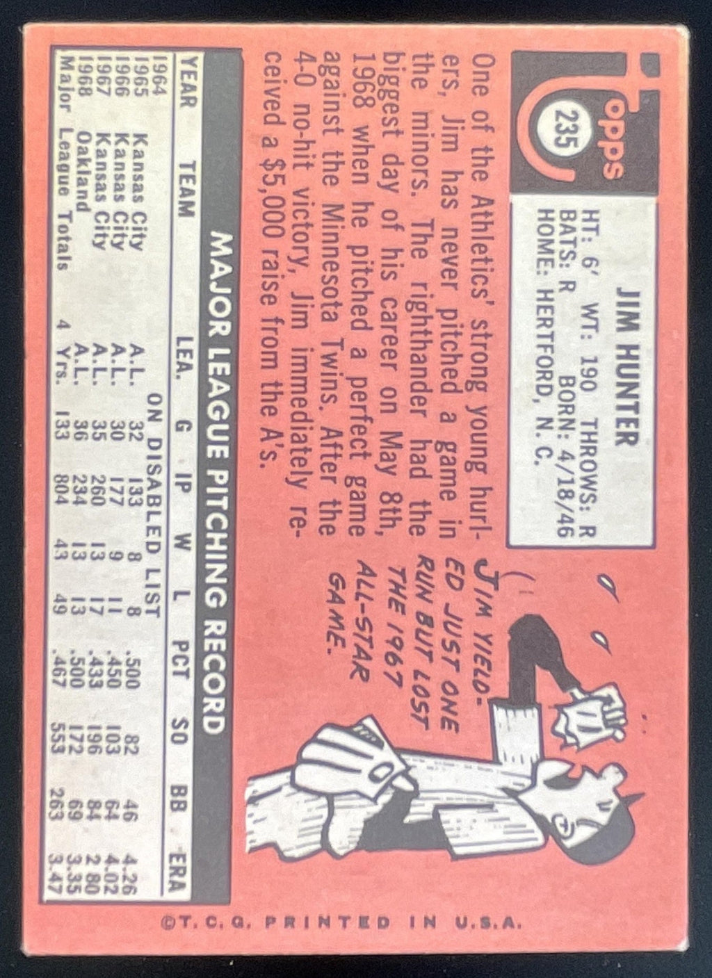 1969 Topps #235 Jim Hunter product image 2, provided for visual reference and product detail review
