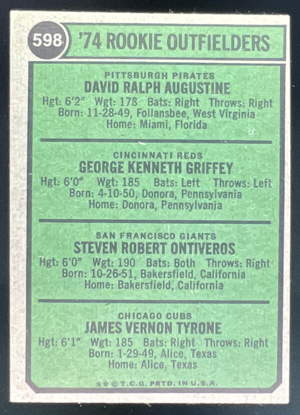 1974 Topps #598 Rookie Dave Augustine Ken Griffey Steve Ontiveros Jim Tyrone RC product image 2, provided for visual