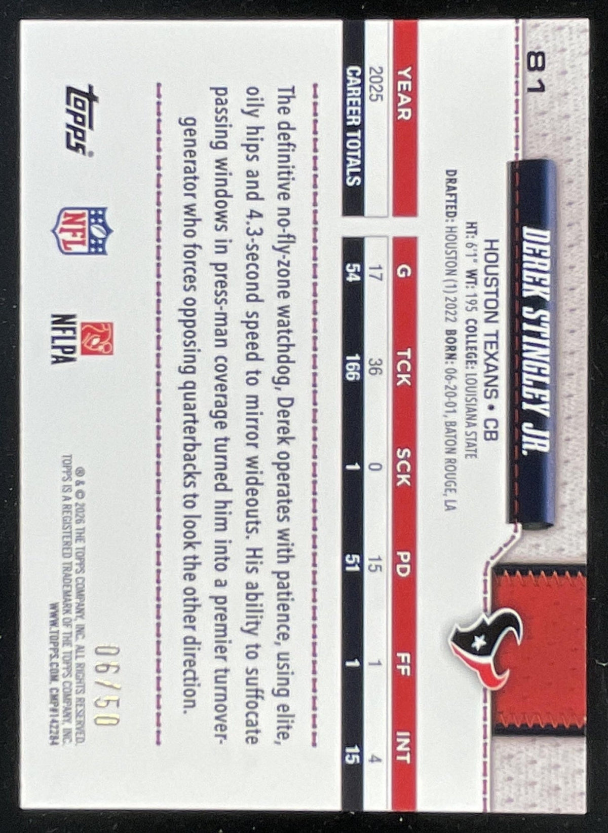 2026 Topps Canvas #81 Derek Stingley Jr./50 product image 2, provided for visual reference and product detail review