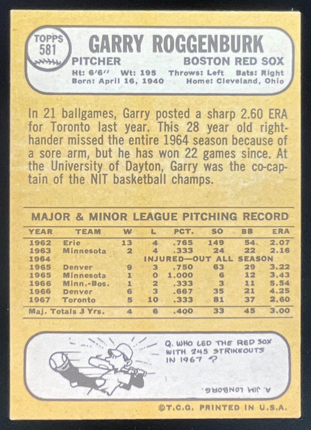 1968 Topps #581 Garry Roggenburk product image 2, provided for visual reference and product detail review