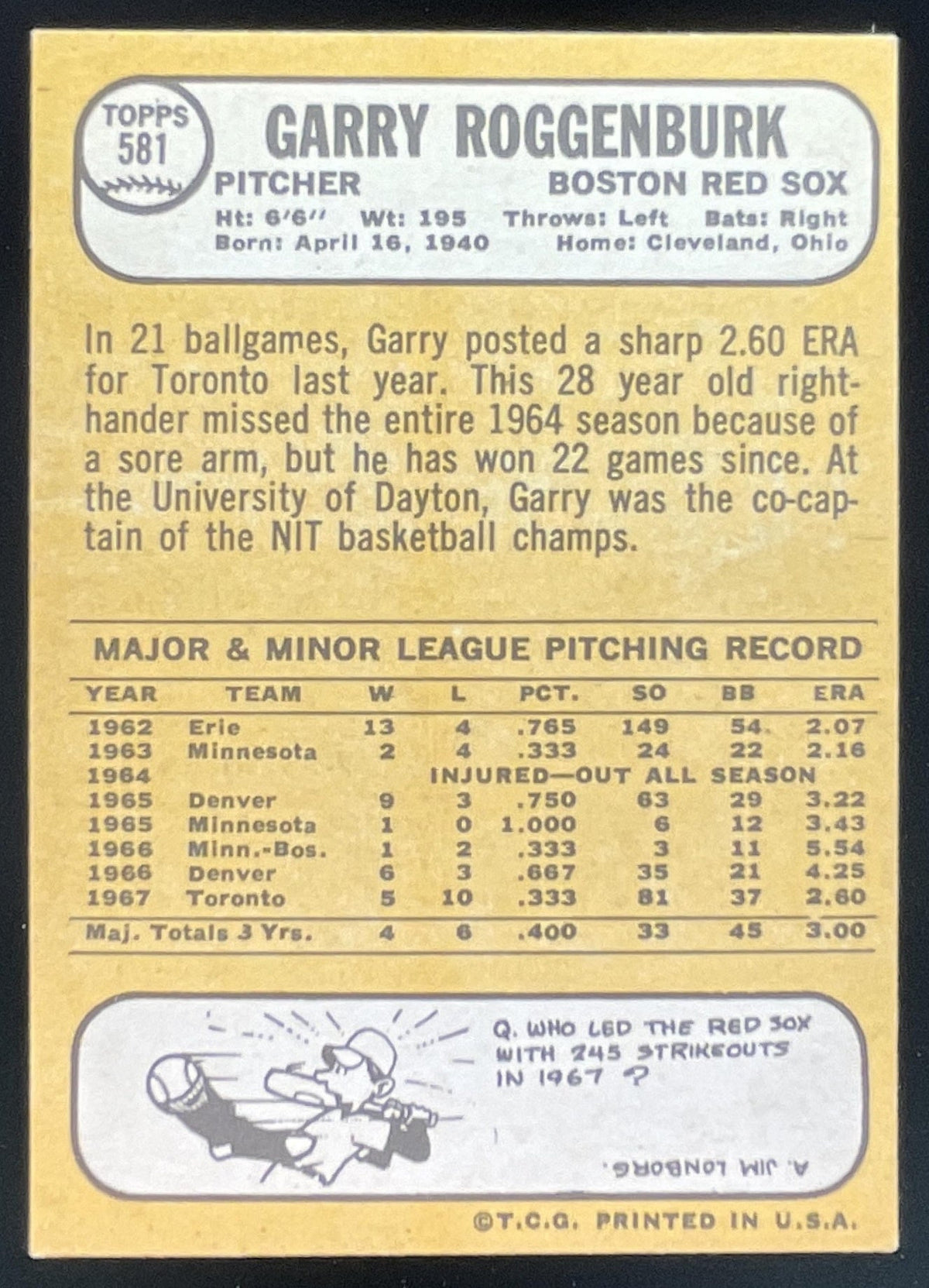 1968 Topps #581 Garry Roggenburk product image 2, provided for visual reference and product detail review
