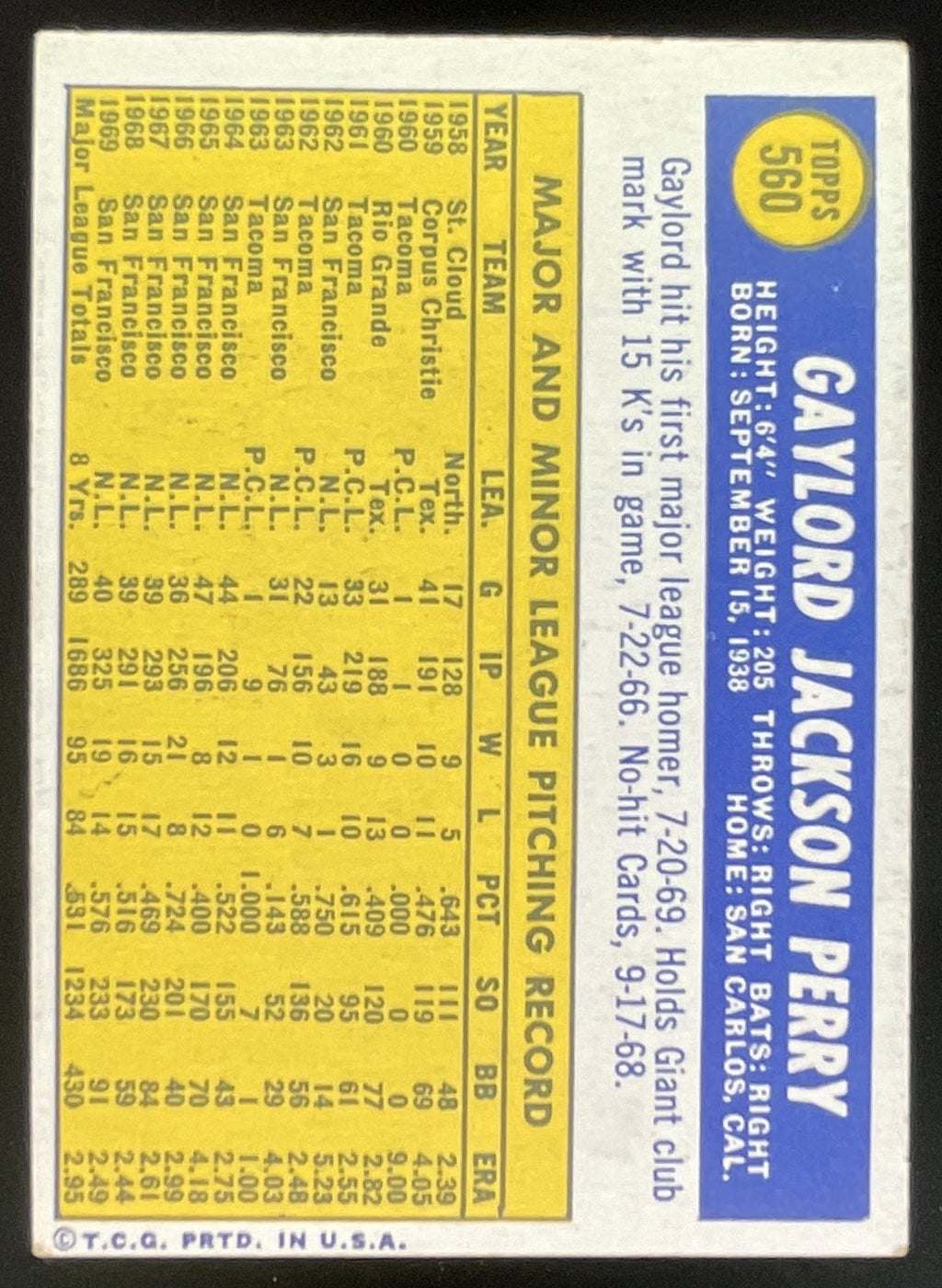 1970 Topps #560 Gaylord Perry product image 2, provided for visual reference and product detail review
