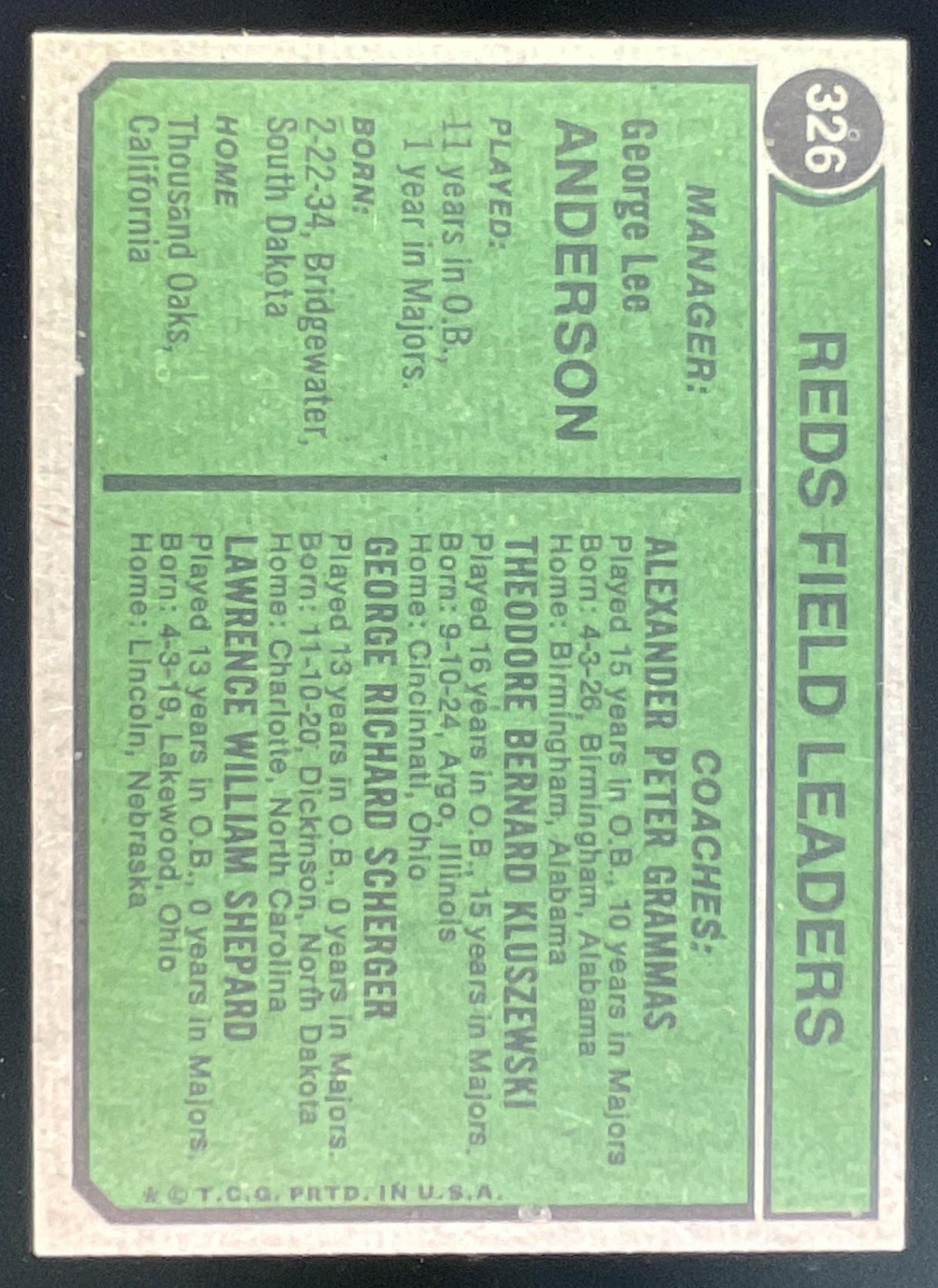 1974 Topps #326 Sparky Anderson Larry Shepard George Scherger Ted Alex Grammas product image 2, provided for visual