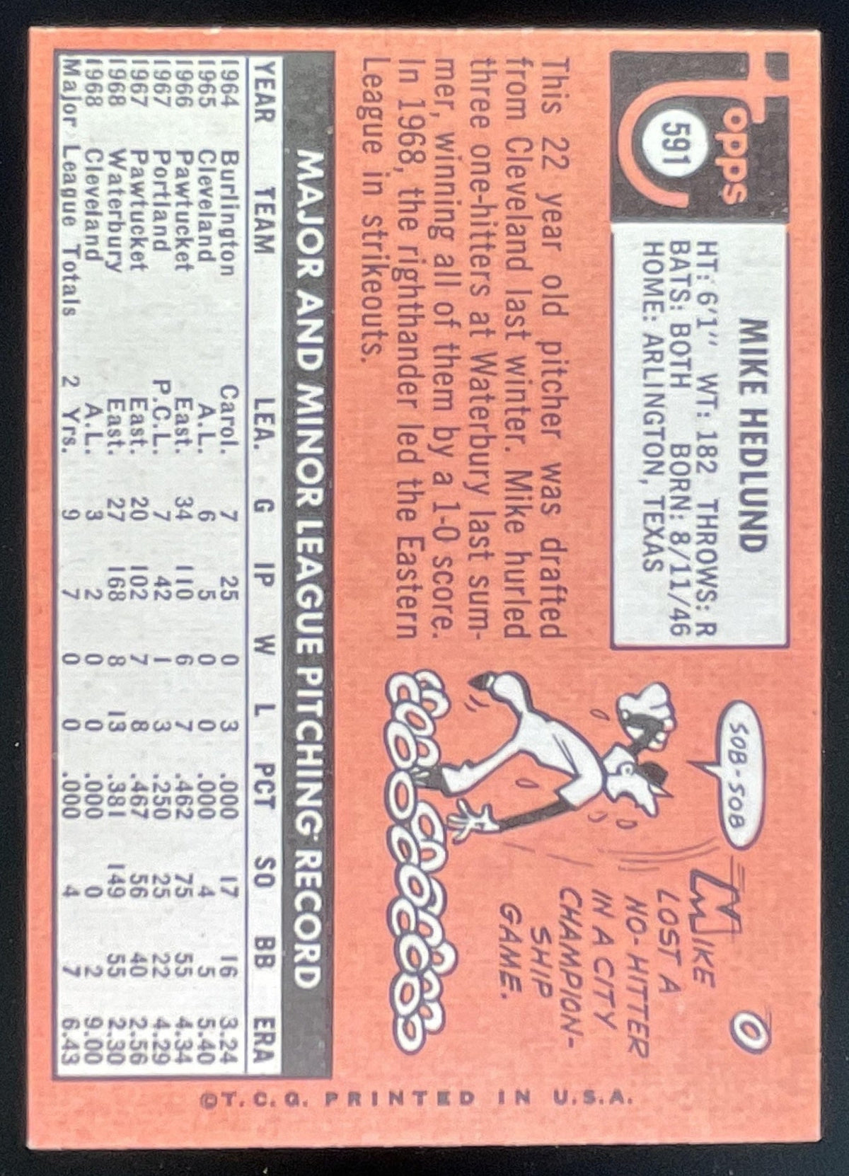 1969 Topps #591 Mike Hedlund product image 2, provided for visual reference and product detail review