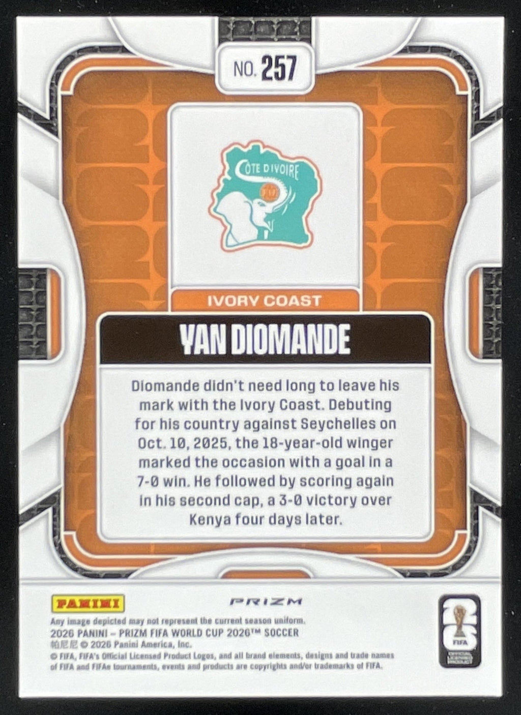 2026 Panini Prizm World Cup Silver Prizm #257 Yan Diomande RC product image 2, provided for visual reference and product