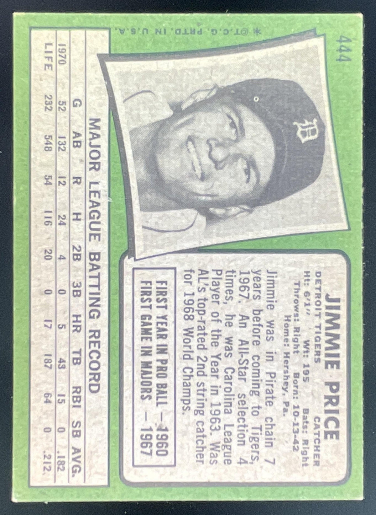 1971 Topps #444 Jimmie Price product image 2, provided for visual reference and product detail review