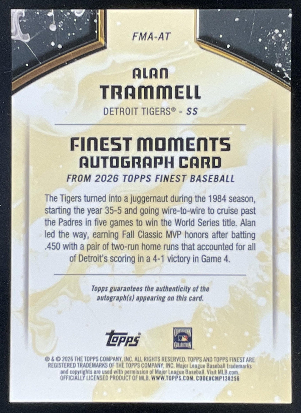 2026 Topps Finest Moments Gold #FMA-AT Alan Trammell Auto /50 product image 2, provided for visual reference and product