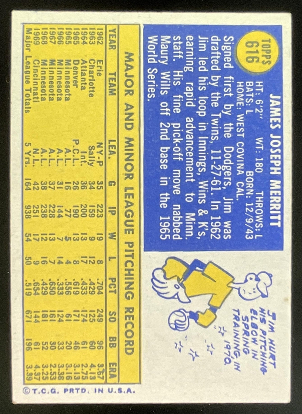 1970 Topps #616 Jim Merritt product image 2, provided for visual reference and product detail review