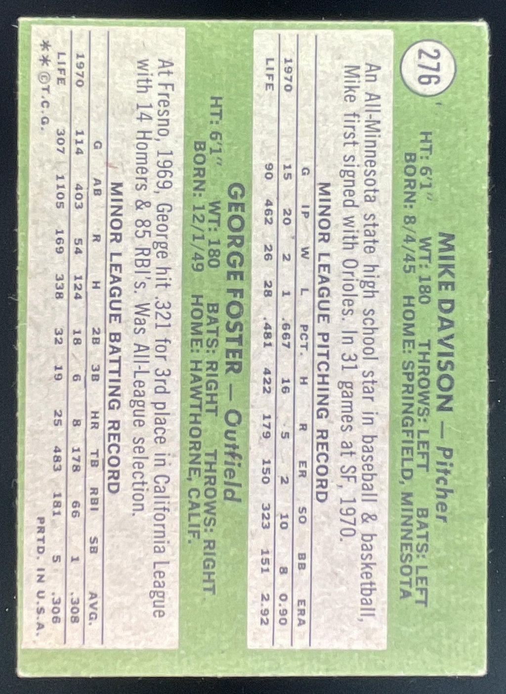 1971 Topps #276 Giants 1971 Rookie Stars Mike Davison George Foster RC product image 2, provided for visual reference and