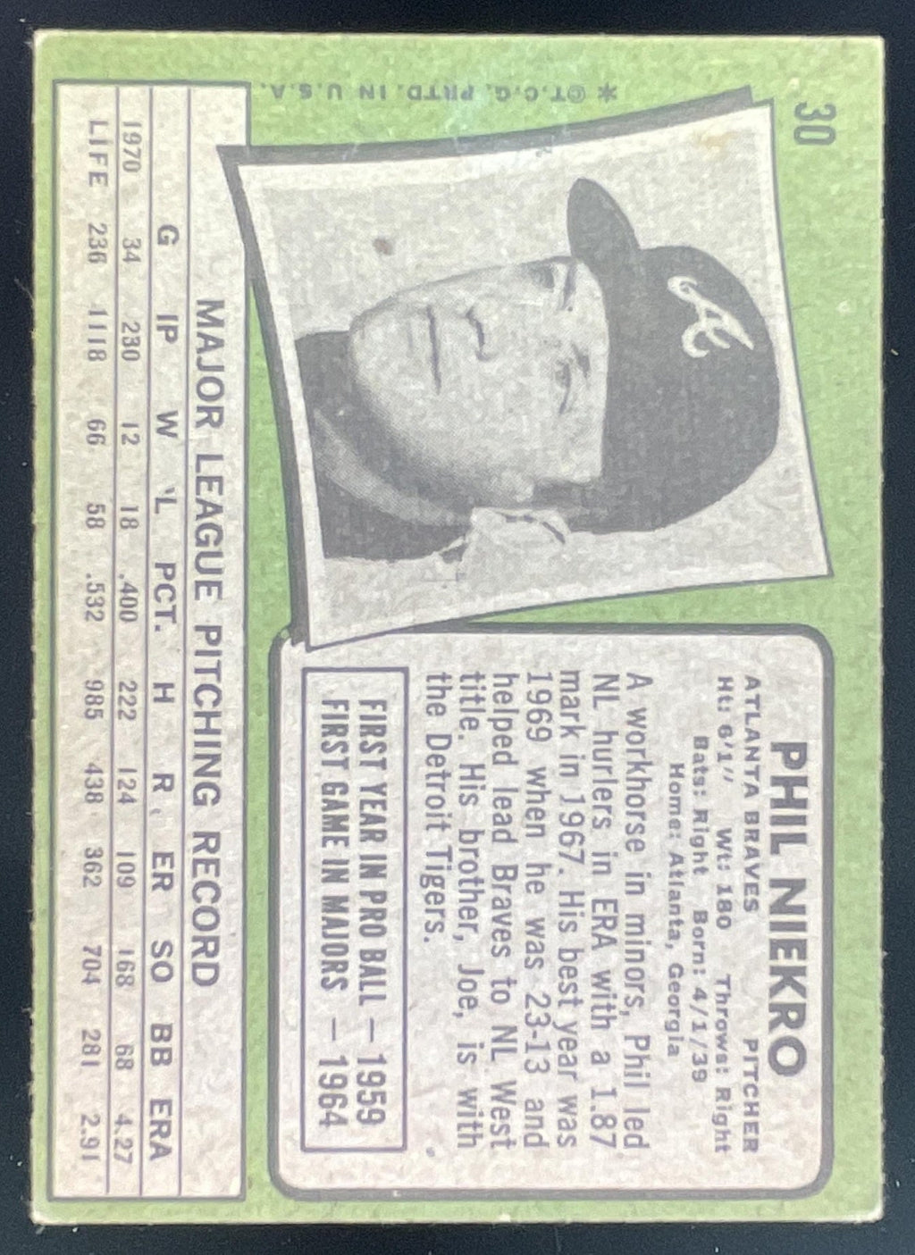 1971 Topps #30 Phil Niekro product image 2, provided for visual reference and product detail review