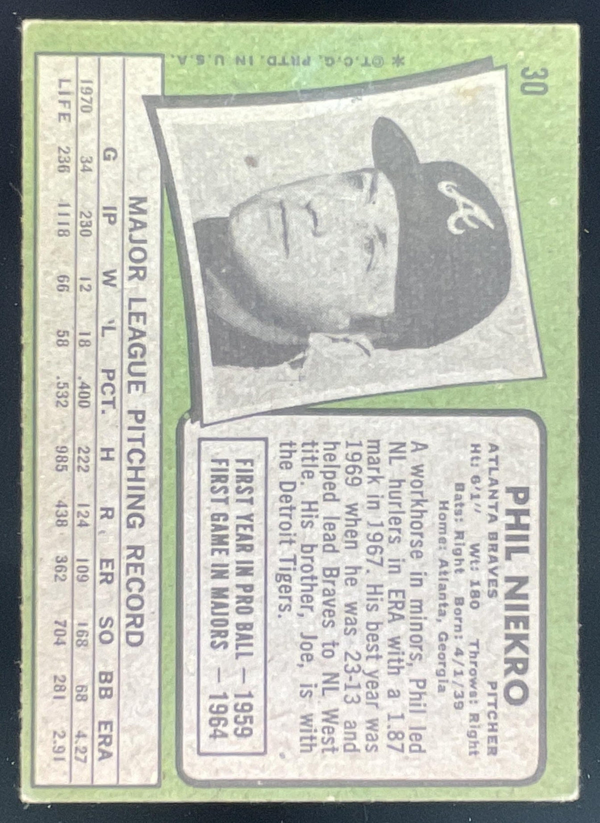 1971 Topps #30 Phil Niekro product image 2, provided for visual reference and product detail review