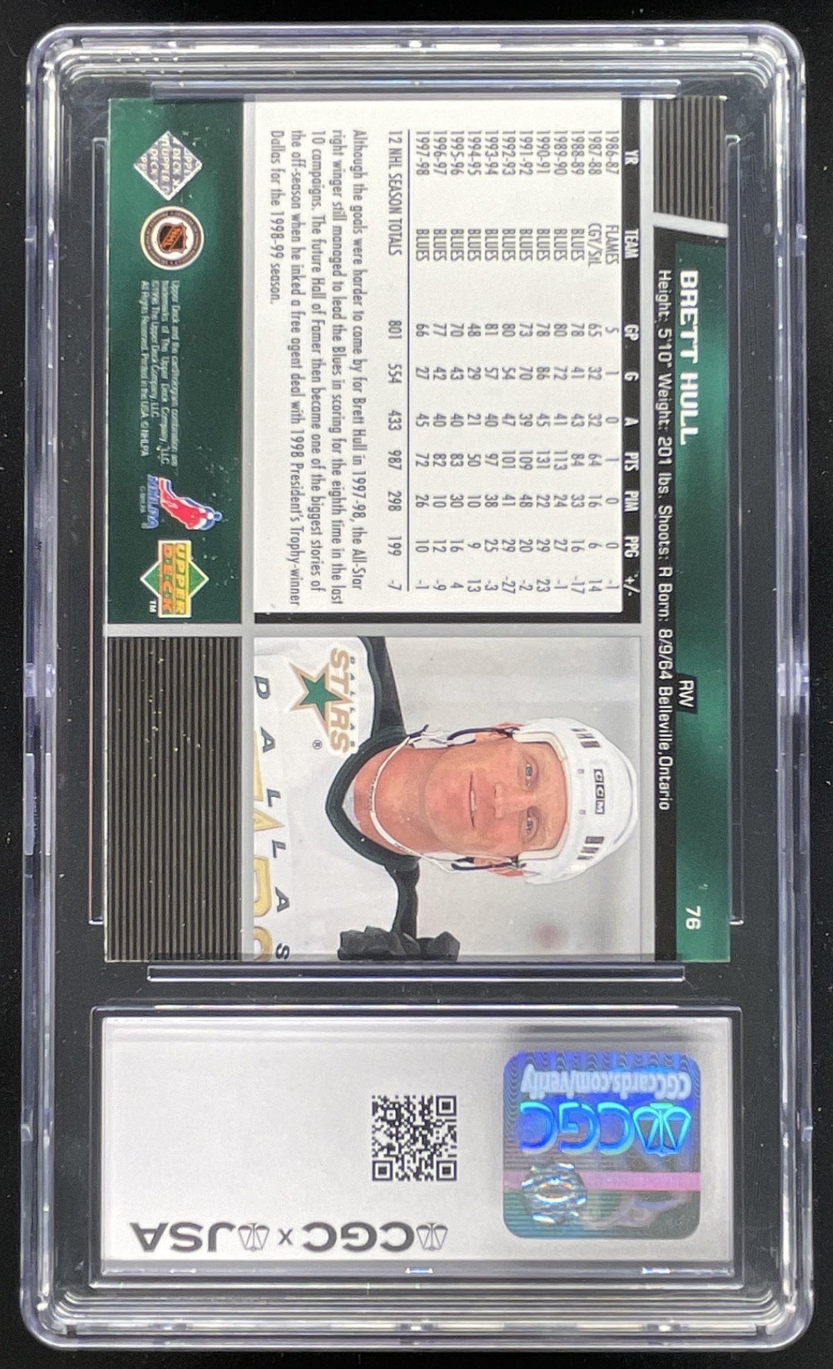 1998-99 Upper Deck #76 Brett Hull CSG Authentic Autograph product image 2, provided for visual reference and product detail