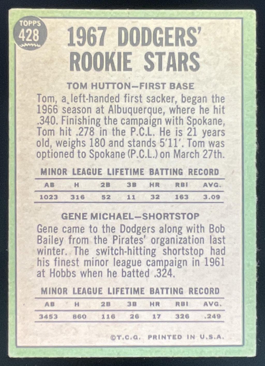1967 Topps #428 Dodgers 1967 Rookie Stars Tom Hutton Gene Michael RS, RC product image 2, provided for visual reference and
