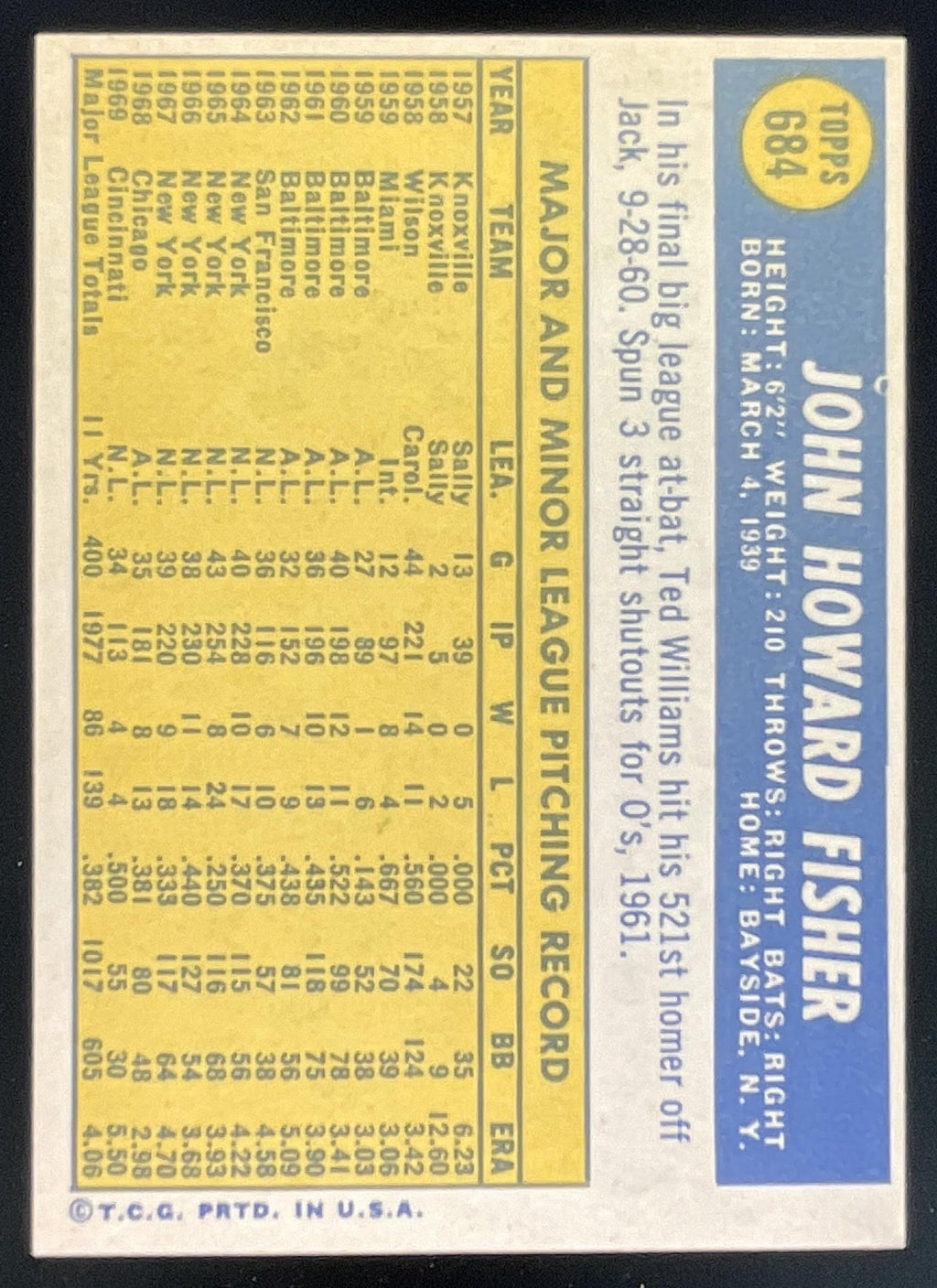 1970 Topps #684 Jack Fisher product image 2, provided for visual reference and product detail review