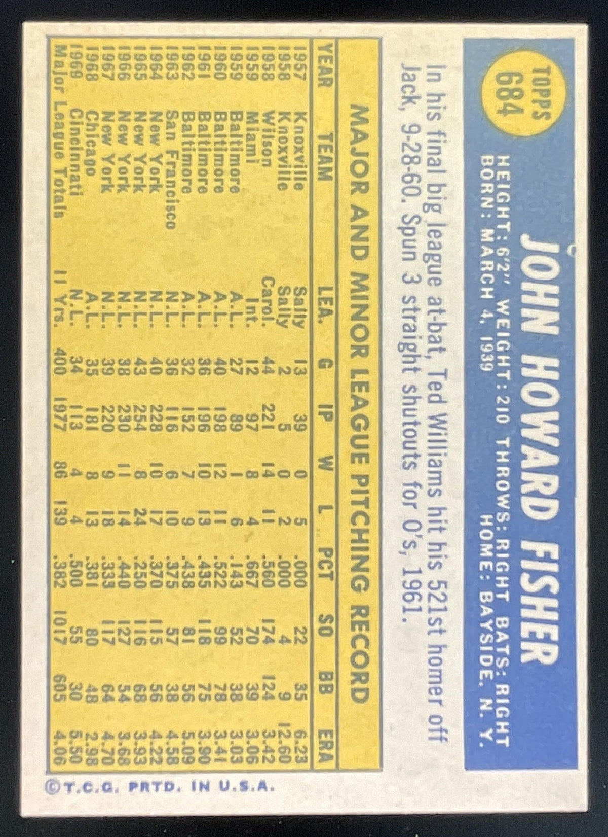 1970 Topps #684 Jack Fisher product image 2, provided for visual reference and product detail review