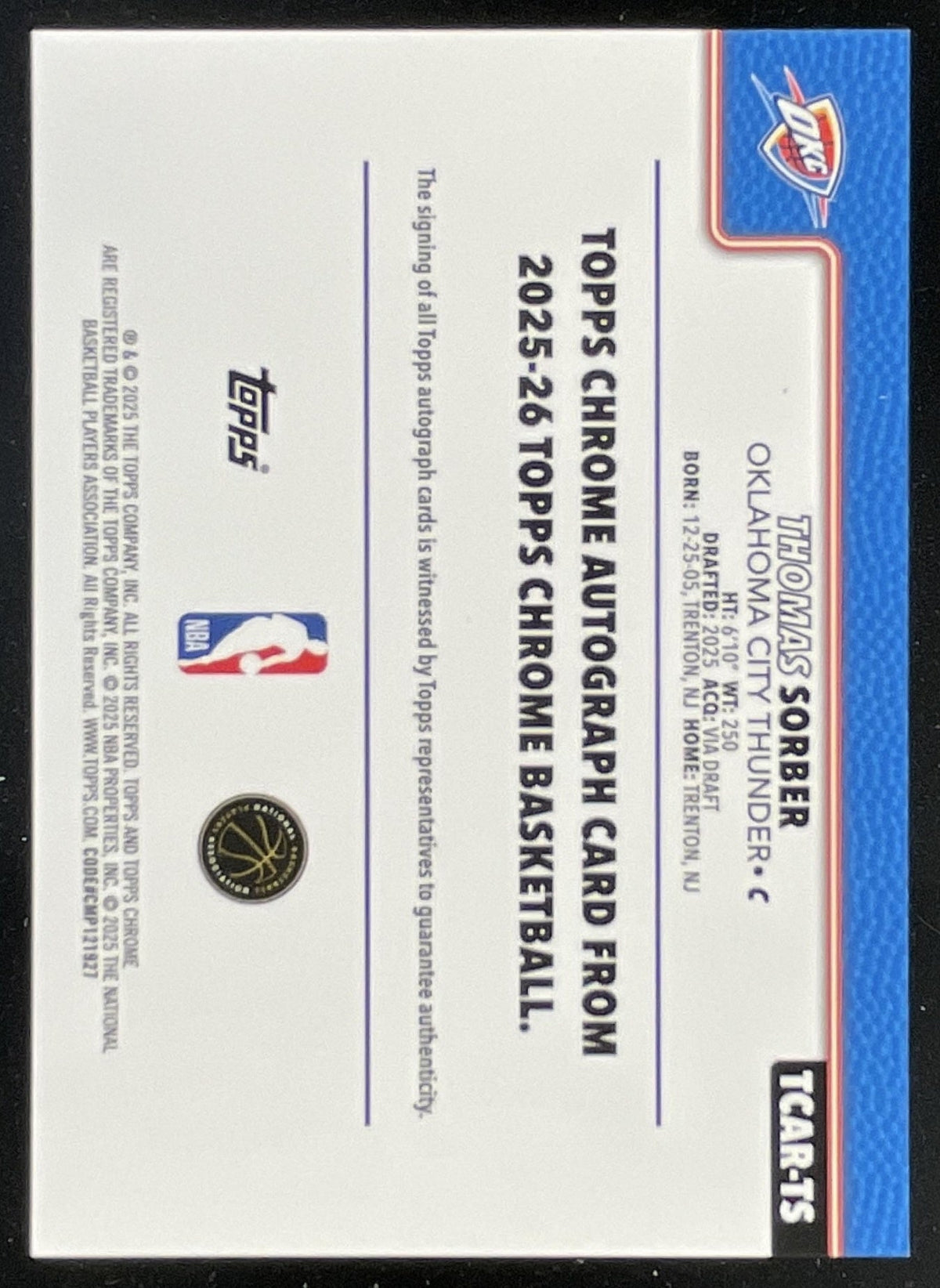 2025-26 Topps Chrome Rookie Autograph #TCAR-TS Thomas Sorber RC Auto product image 2, provided for visual reference and