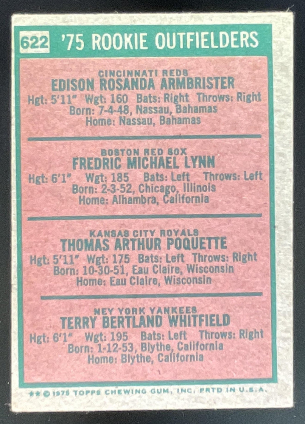 1975 Topps #622 Ed Armbrister Fred Lynn Tom Poquette Terry Whitfield UER RC product image 2, provided for visual reference