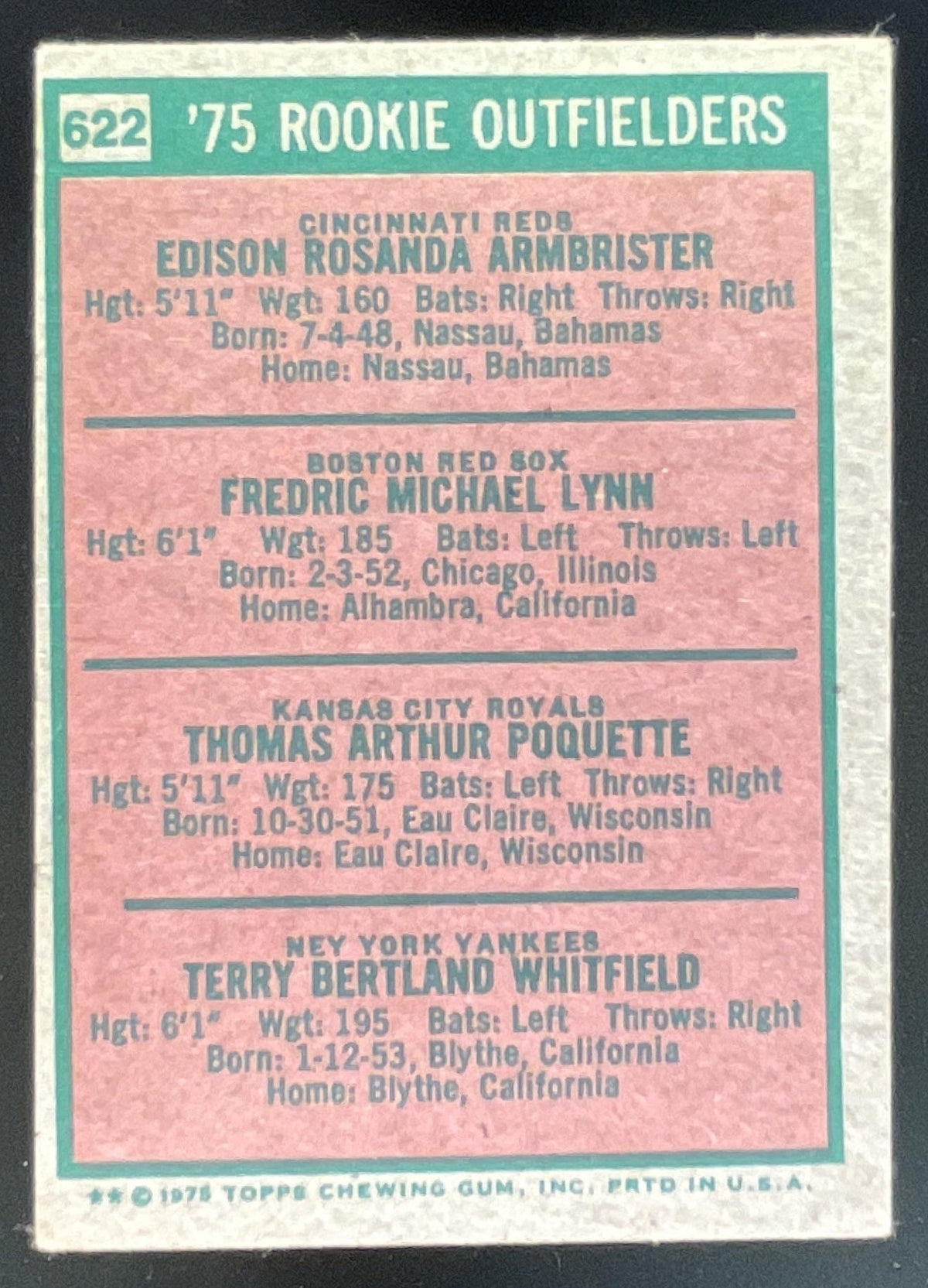 1975 Topps #622 Ed Armbrister Fred Lynn Tom Poquette Terry Whitfield UER RC product image 2, provided for visual reference