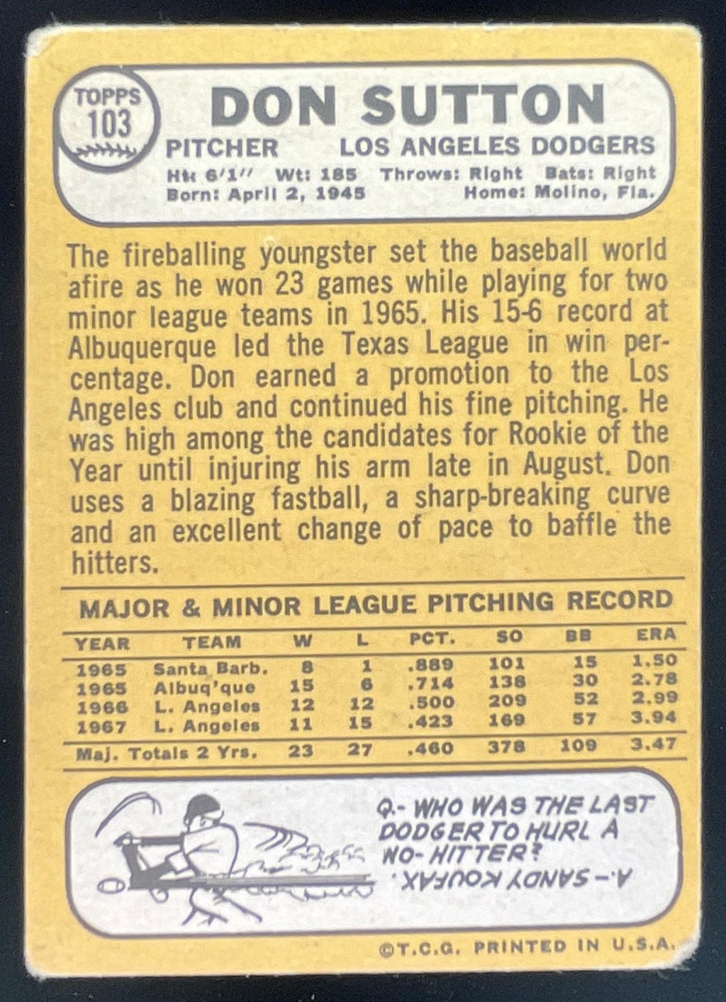 1968 Topps #103 Don Sutton product image 2, provided for visual reference and product detail review