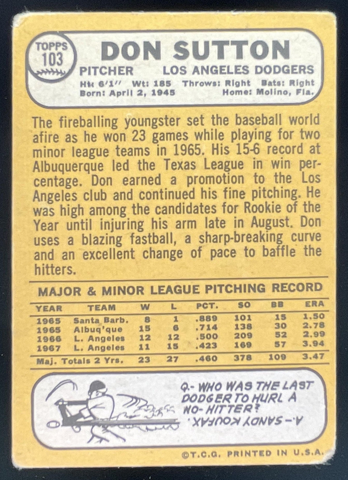 1968 Topps #103 Don Sutton product image 2, provided for visual reference and product detail review