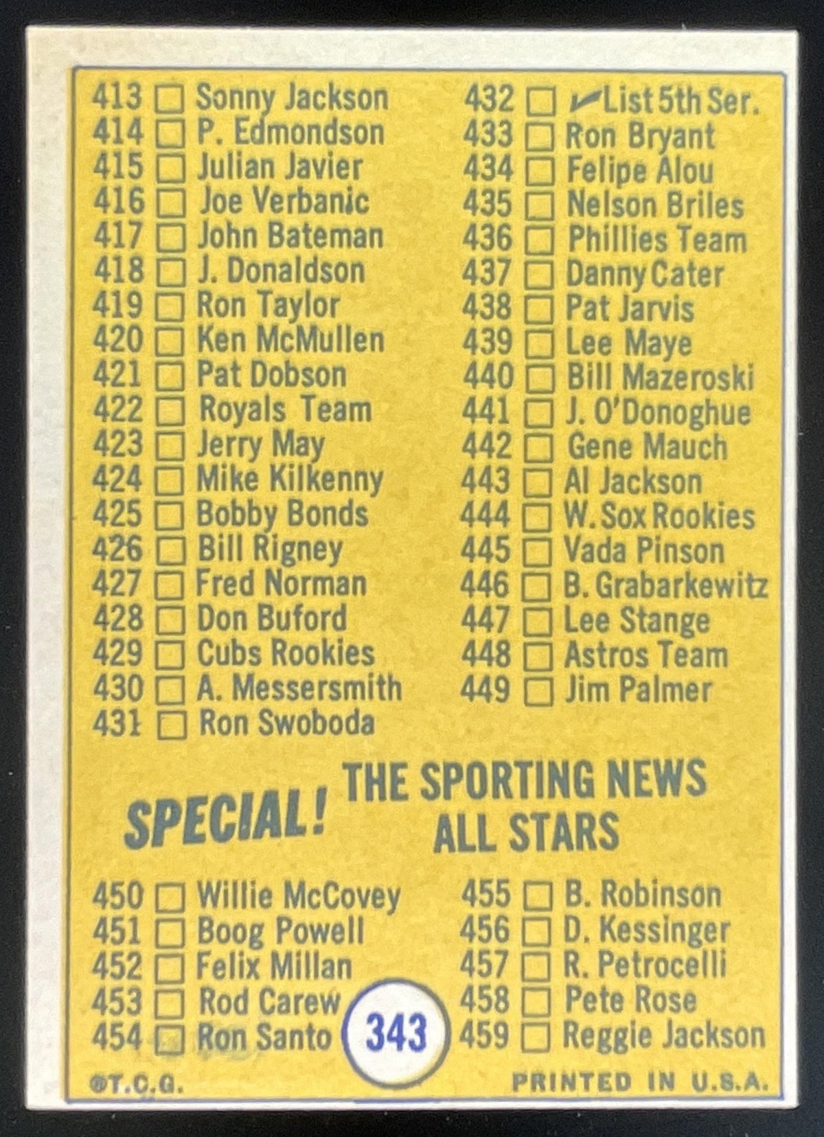 1970 Topps #343 4th Series Checklist 373-459 VAR product image 2, provided for visual reference and product detail review