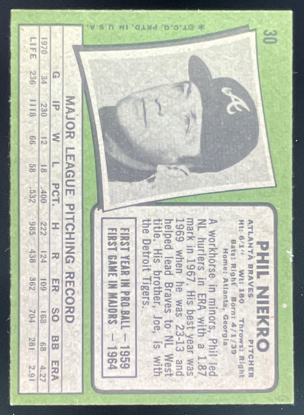 1971 Topps #30 Phil Niekro product image 2, provided for visual reference and product detail review