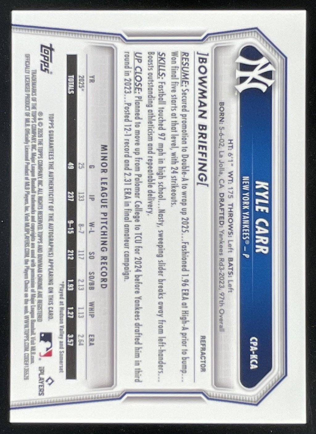 2026 Bowman Chrome Prospects Autograph Refractor #CPA-KCA Kyle Carr RC Auto /499 product image 2, provided for visual