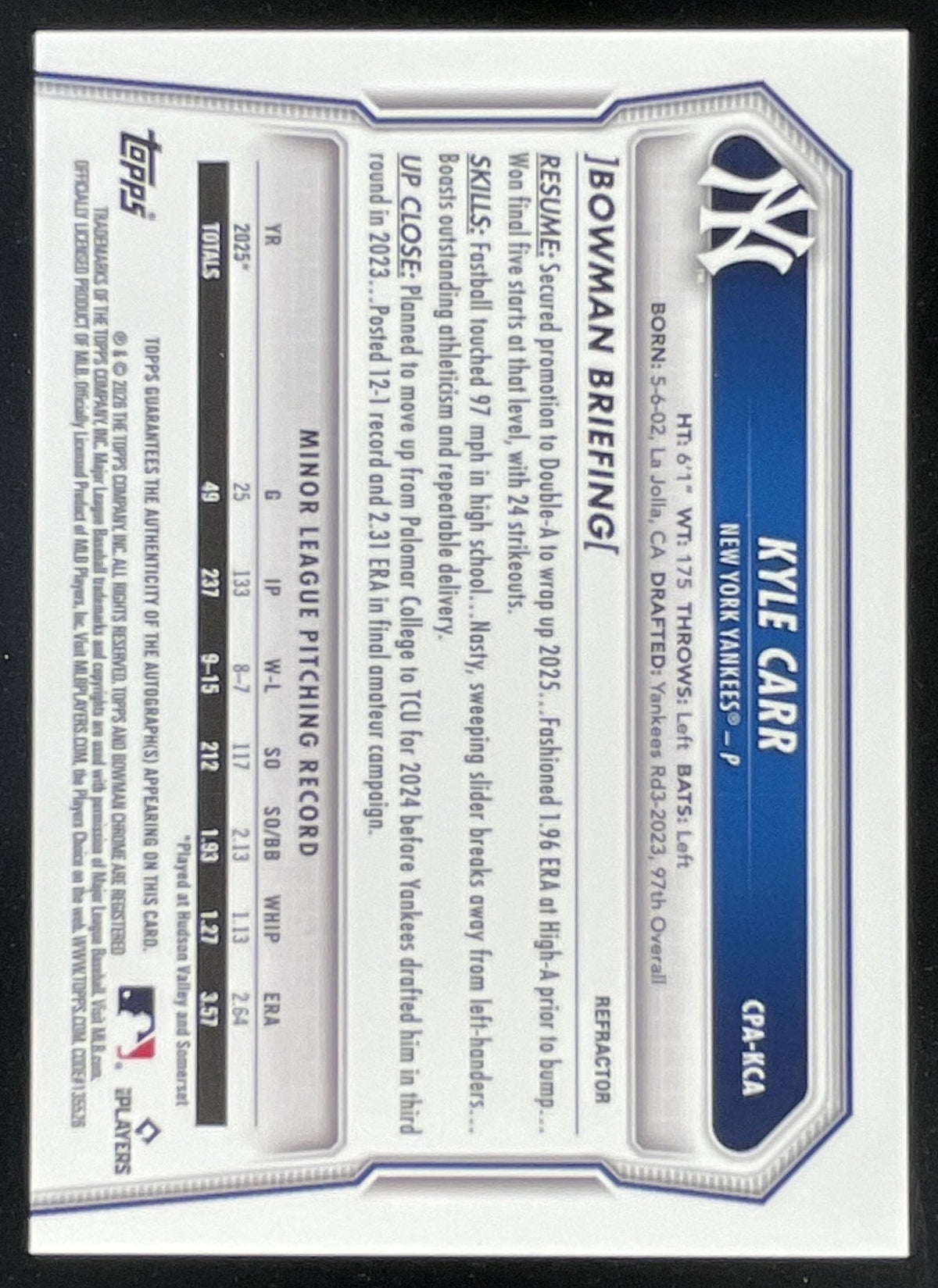 2026 Bowman Chrome Prospects Autograph Refractor #CPA-KCA Kyle Carr RC Auto /499 product image 2, provided for visual