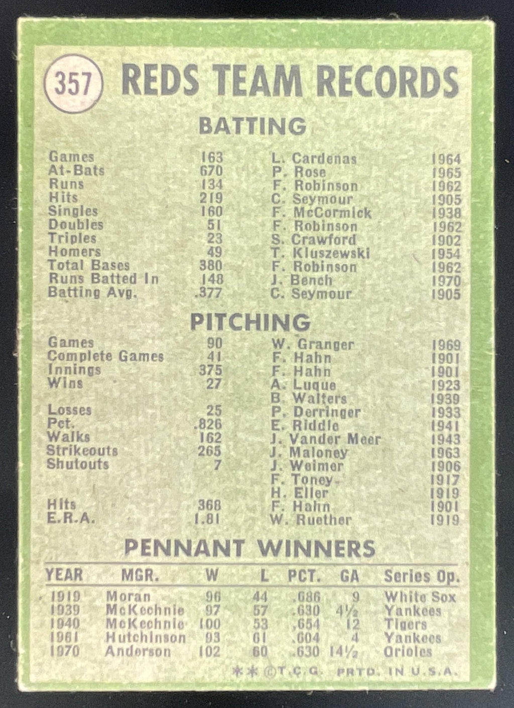 1971 Topps #357 Cincinnati Reds product image 2, provided for visual reference and product detail review