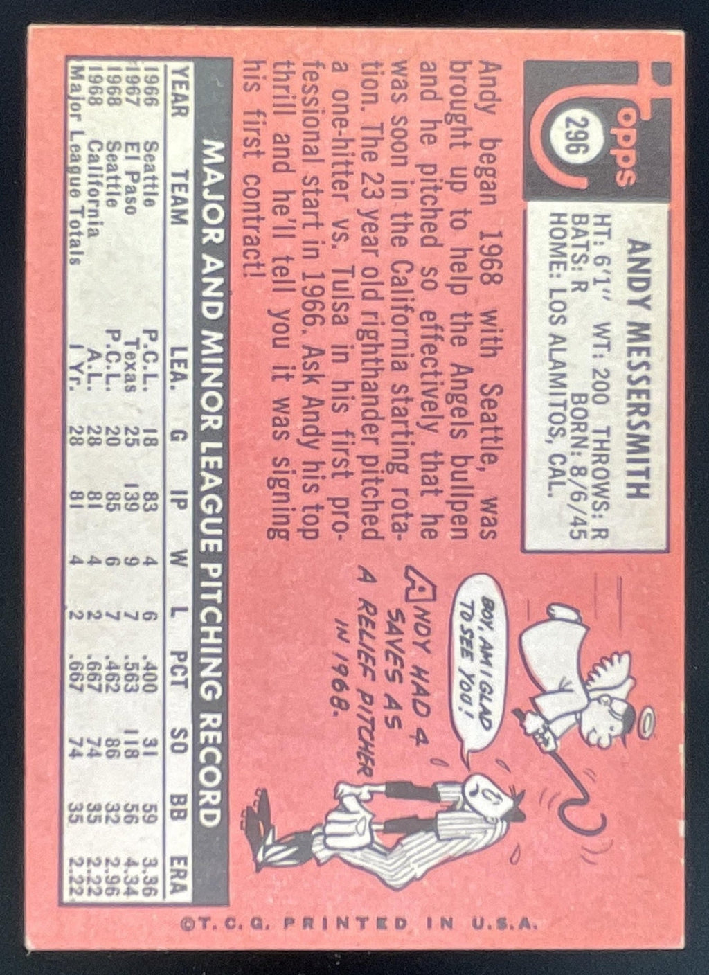 1969 Topps #296 Andy Messersmith RC product image 2, provided for visual reference and product detail review