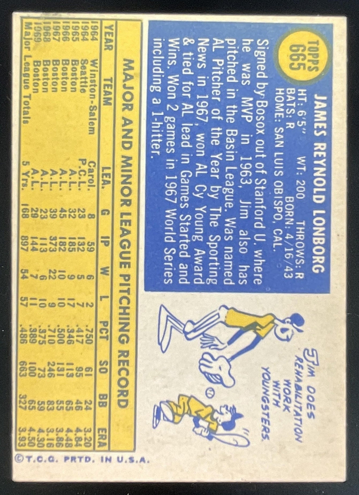 1970 Topps #665 Jim Lonborg product image 2, provided for visual reference and product detail review