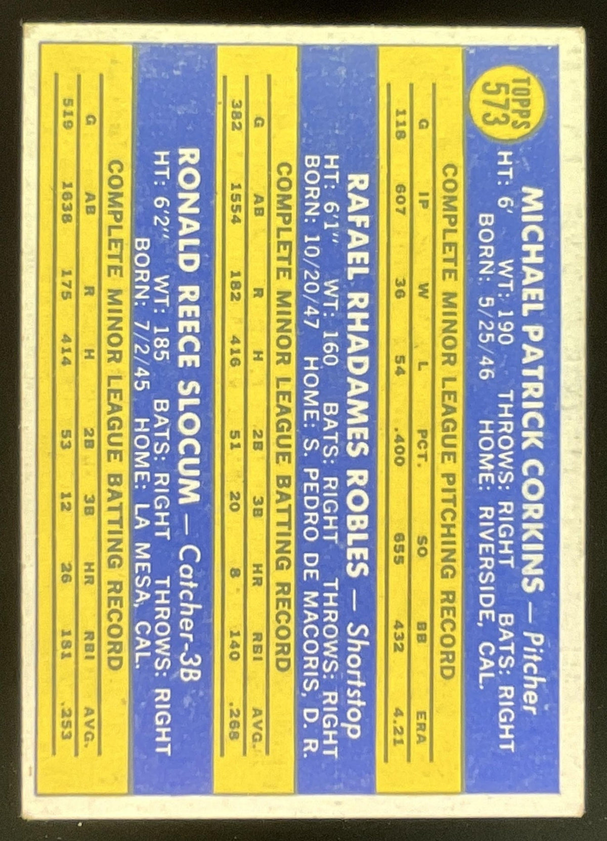 1970 Topps #573 Padres Rookie Stars Mike Corkins Rafael Robles Ron Slocum RC product image 2, provided for visual reference