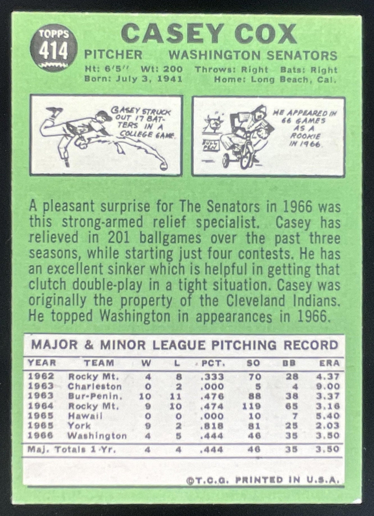 1967 Topps #414 Casey Cox product image 2, provided for visual reference and product detail review
