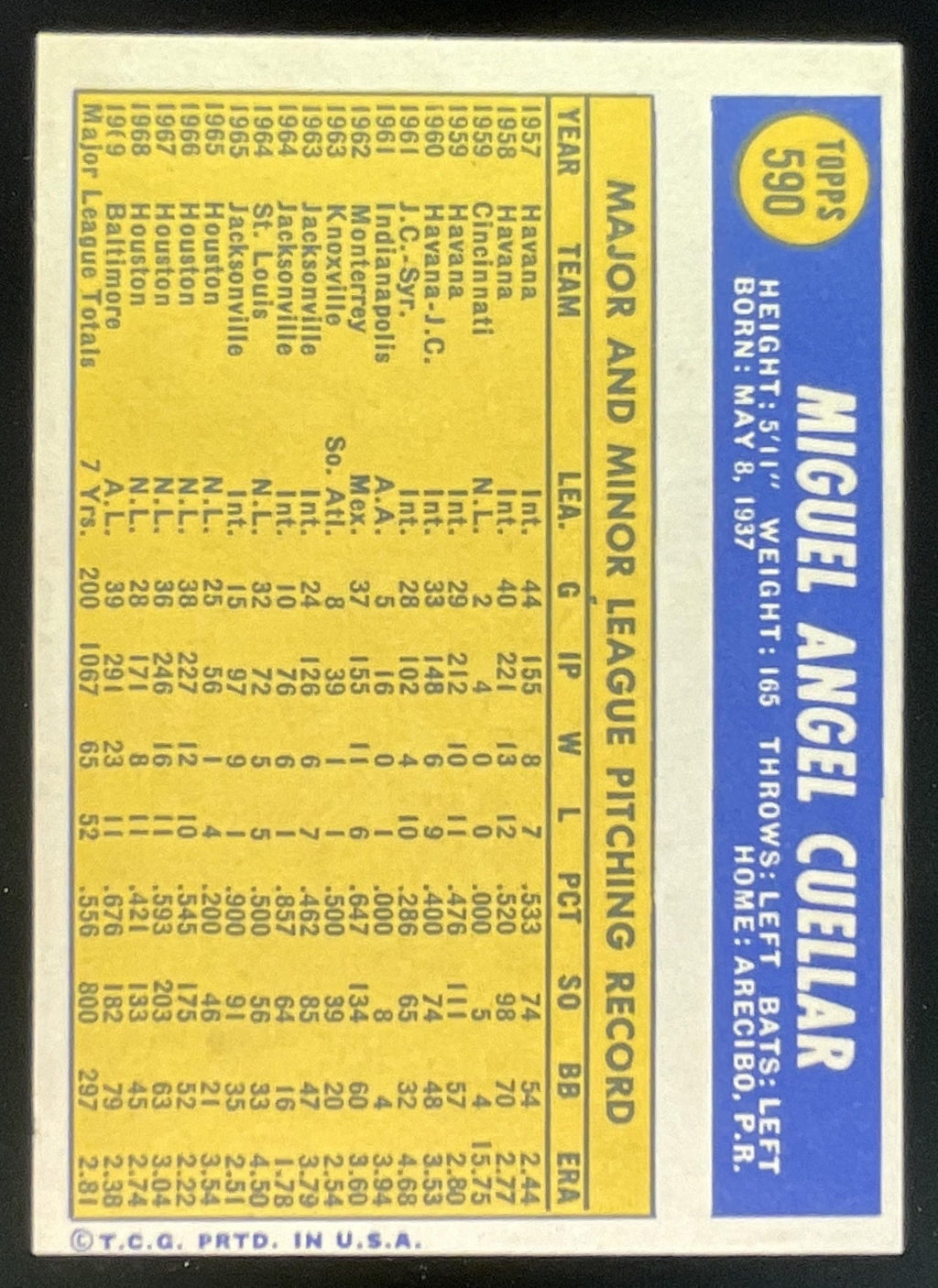1970 Topps #590 Mike Cuellar product image 2, provided for visual reference and product detail review