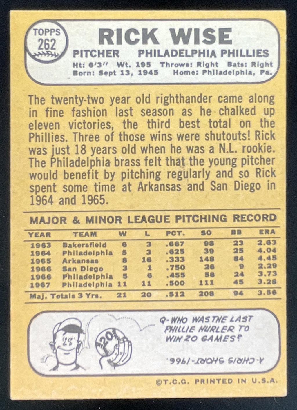 1968 Topps #262 Rick Wise product image 2, provided for visual reference and product detail review