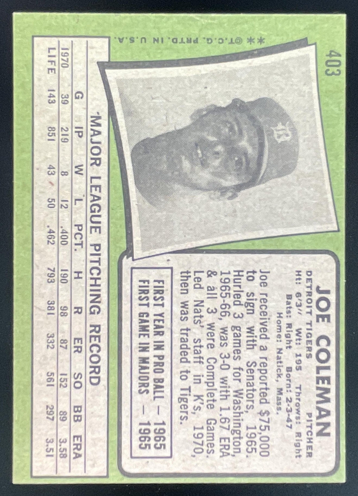 1971 Topps #403 Joe Coleman product image 2, provided for visual reference and product detail review