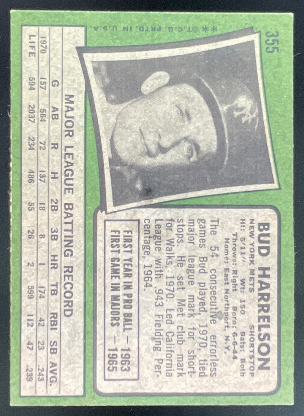 1971 Topps #355 Bud Harrelson product image 2, provided for visual reference and product detail review