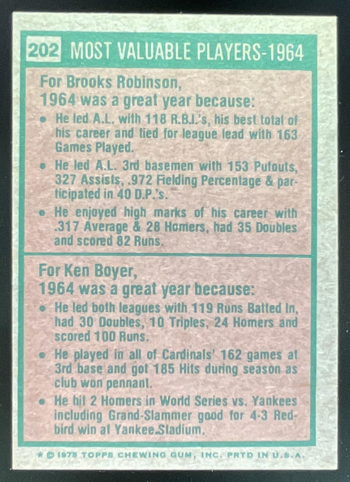 1975 Topps #202 1964s Brooks Robinson Ken Boyer MVP product image 2, provided for visual reference and product detail review