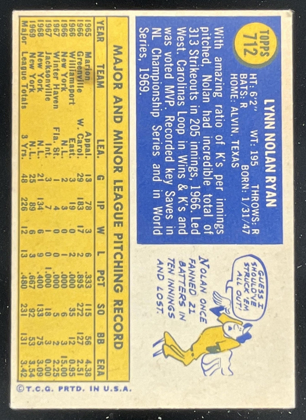 1970 Topps #712 Nolan Ryan product image 2, provided for visual reference and product detail review