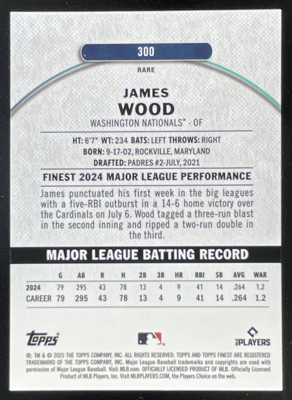 2025 Topps Finest Rare Purple X-Fractor #300 James Wood RC /75 product image 2, provided for visual reference and product