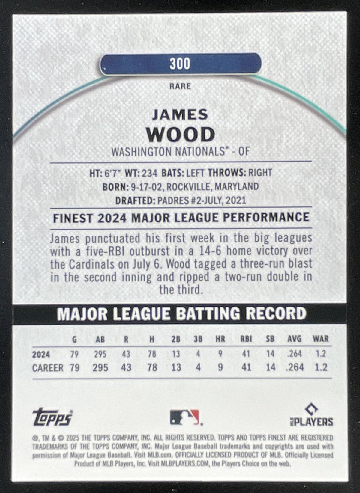 2025 Topps Finest Rare Purple X-Fractor #300 James Wood RC /75 product image 2, provided for visual reference and product
